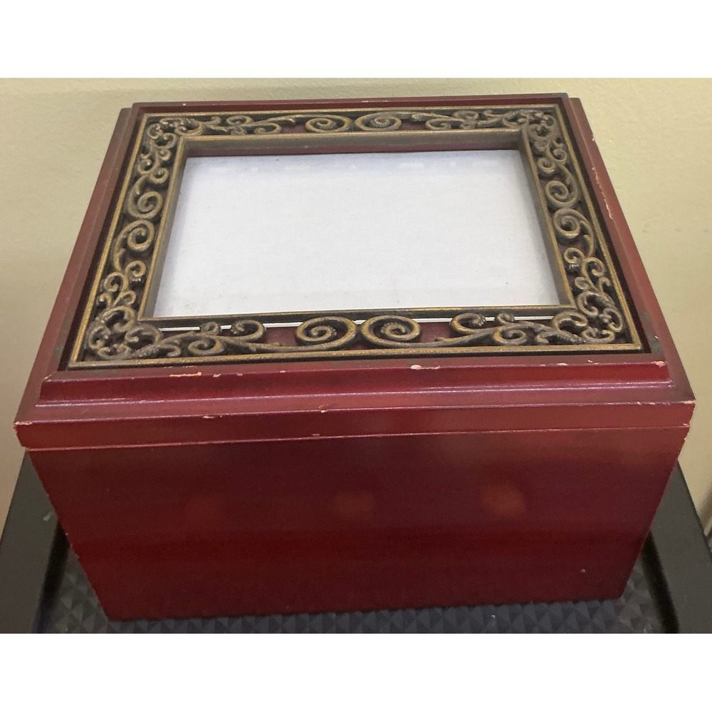 Vintage Wooden Photo Storage Box Ornate Metal Frame Lid Cherry Finish Organizer